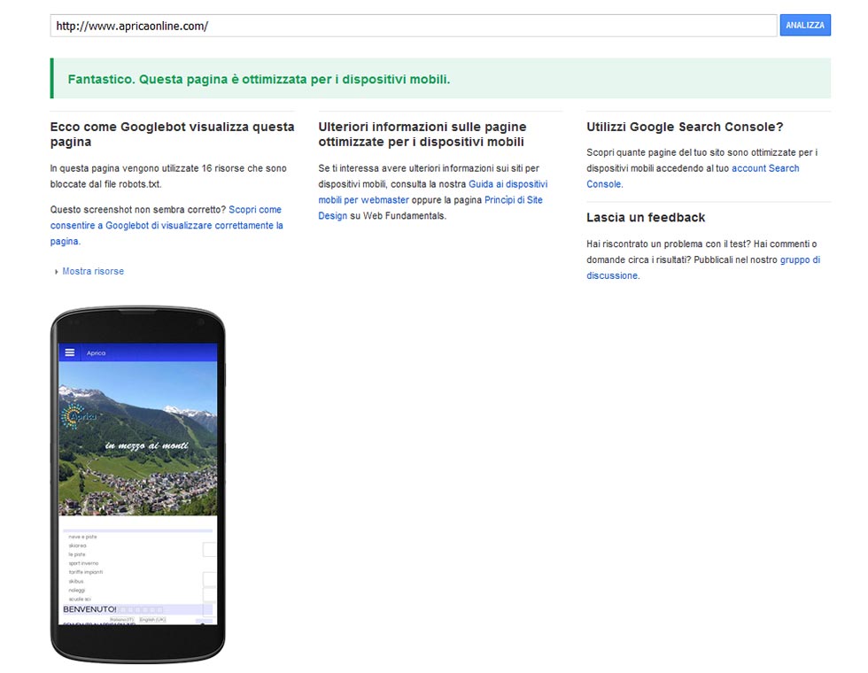 test sito aprica mobile
